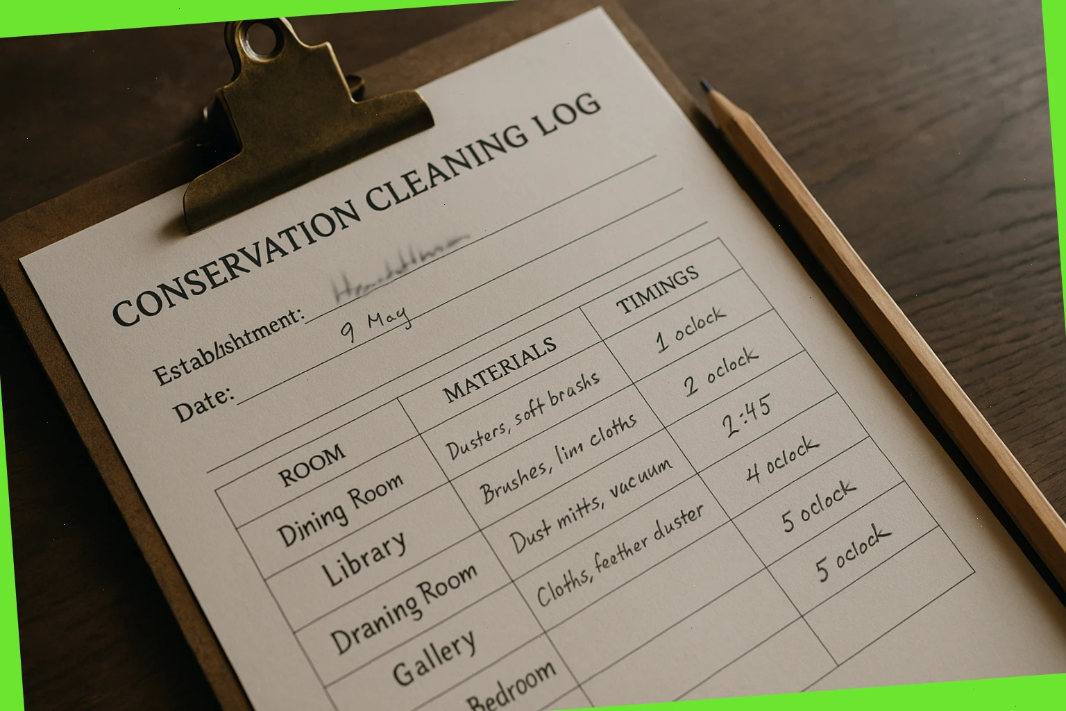 Conservation cleaning log with room checklist, materials notes and staged timings