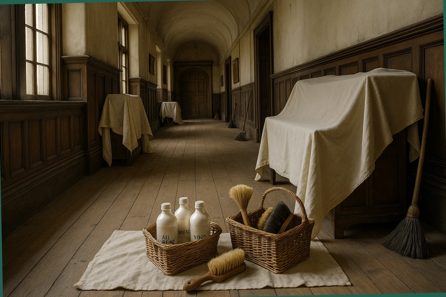Wide hallway in an old manor during a careful clean with dust sheets, soft brushes and labelled caddies